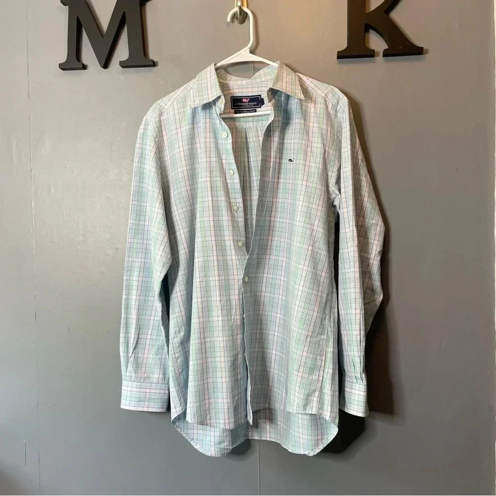 Vineyard Vines Men's Slim Fit Whale Shirt Blue/Green Check Long Sleeve medium